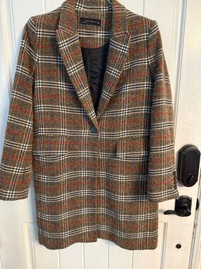 Zara Plaid Check Brown Tweed Wool Car Coat
